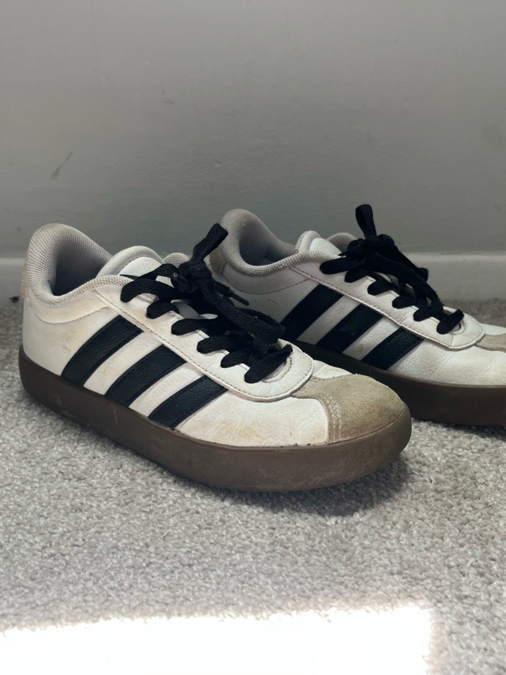 adidas VL court White Sneakers with Black Stripes and Brown Gum Sole